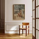 Room view with a full frame of A vintage oil painting, a girl playing in a sandbox, back view