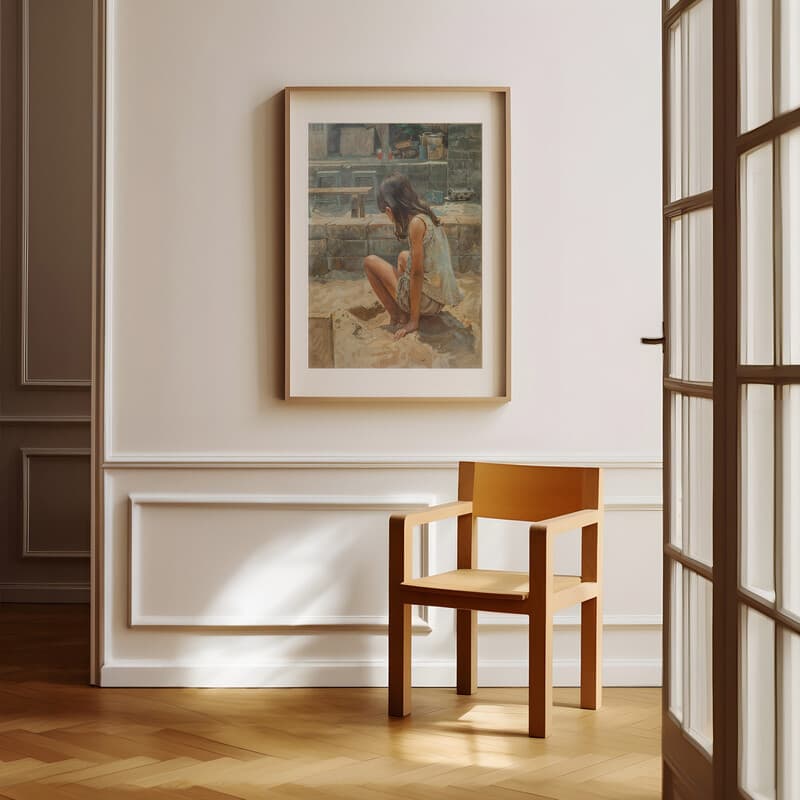 Room view with a matted frame of A vintage oil painting, a girl playing in a sandbox, back view