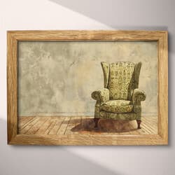 Patterned Chair Art | Furniture Wall Art | Architecture Print | Brown, Green and Beige Decor | Vintage Wall Decor | Living Room Digital Download | Housewarming Art | Autumn Wall Art | Pastel Pencil Illustration