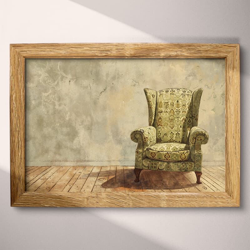 Full frame view of A vintage pastel pencil illustration, a chair with a patterned design on a wood floor