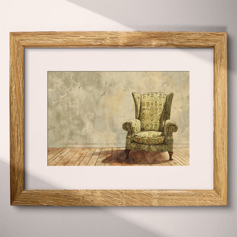 Matted frame view of A vintage pastel pencil illustration, a chair with a patterned design on a wood floor