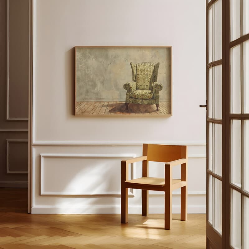 Room view with a full frame of A vintage pastel pencil illustration, a chair with a patterned design on a wood floor