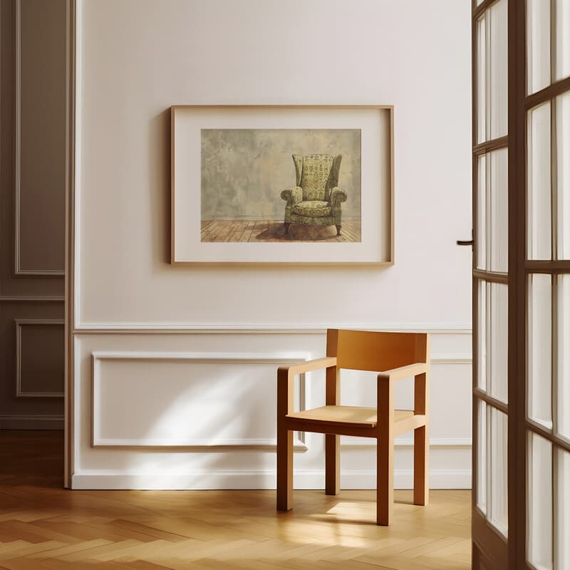 Room view with a matted frame of A vintage pastel pencil illustration, a chair with a patterned design on a wood floor