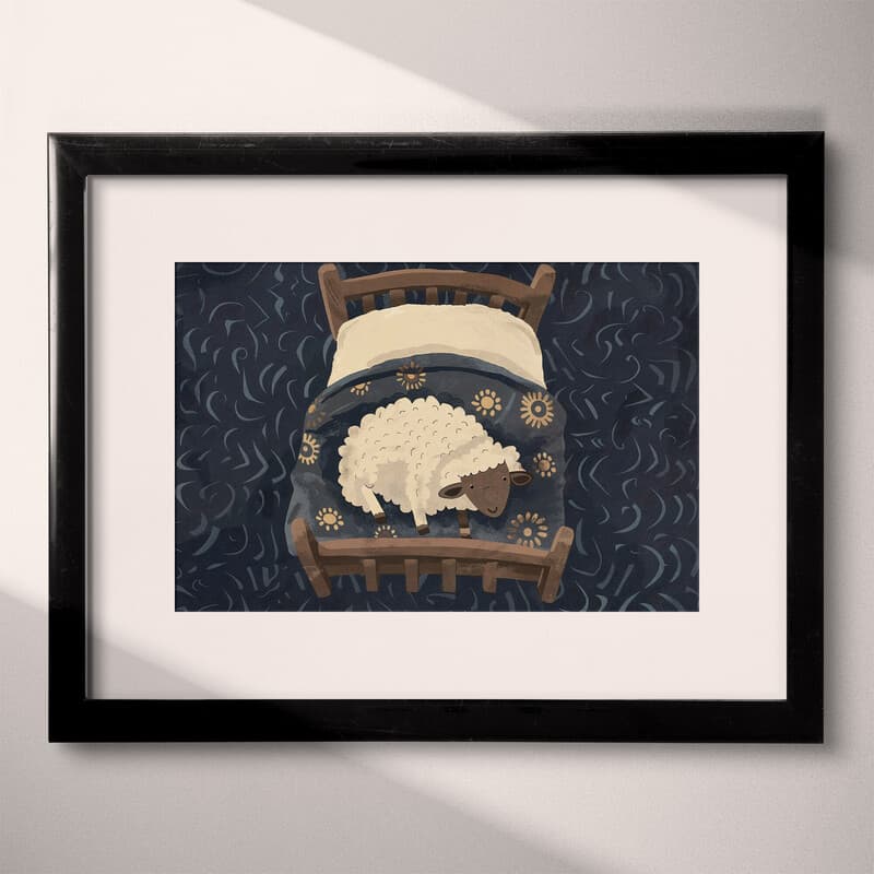 Matted frame view of A cute simple illustration with simple shapes, sheep in a bed