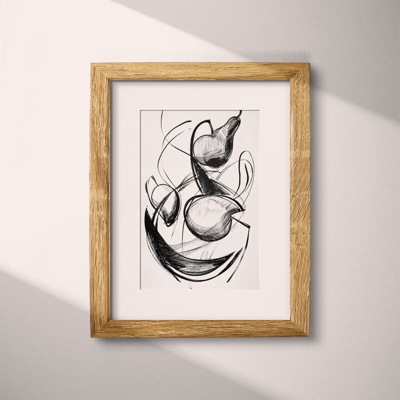 Matted frame view of A vintage graphite sketch, a pear, banana and apple