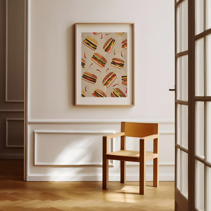 Room view with a matted frame of A retro textile print, symmetric pattern of hamburgers