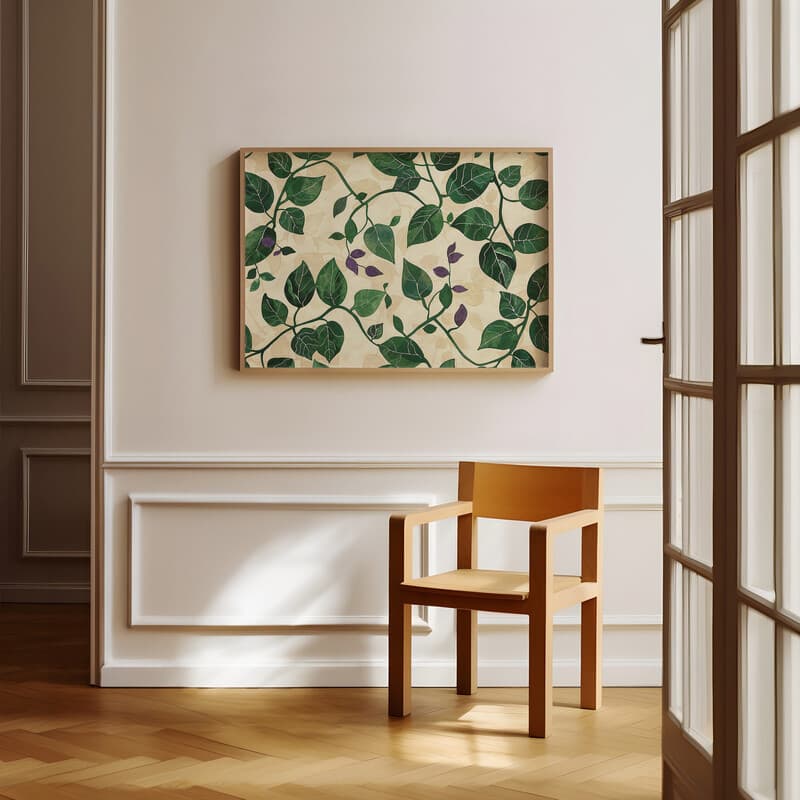 Room view with a full frame of An industrial textile print, vine pattern