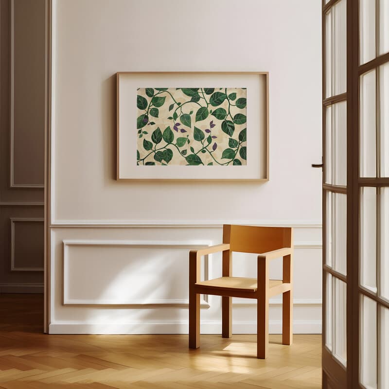 Room view with a matted frame of An industrial textile print, vine pattern