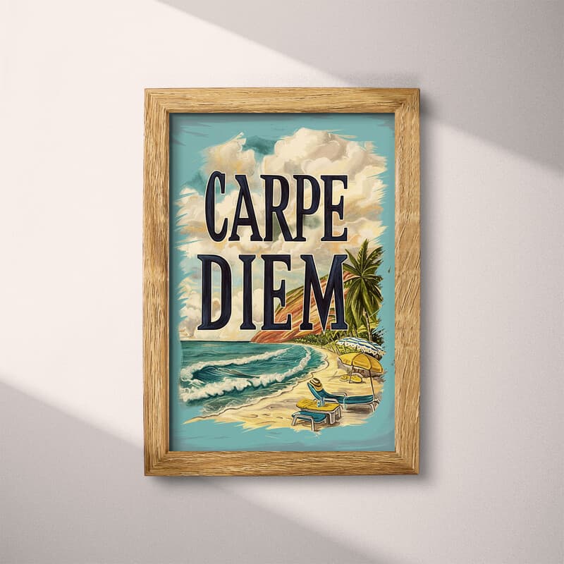 Full frame view of A vintage pastel pencil illustration, the words "CARPE DIEM" with a beach vista