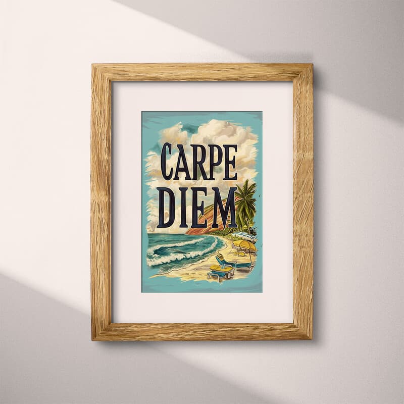 Matted frame view of A vintage pastel pencil illustration, the words "CARPE DIEM" with a beach vista