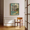 Room view with a full frame of A vintage pastel pencil illustration, the words "CARPE DIEM" with a beach vista