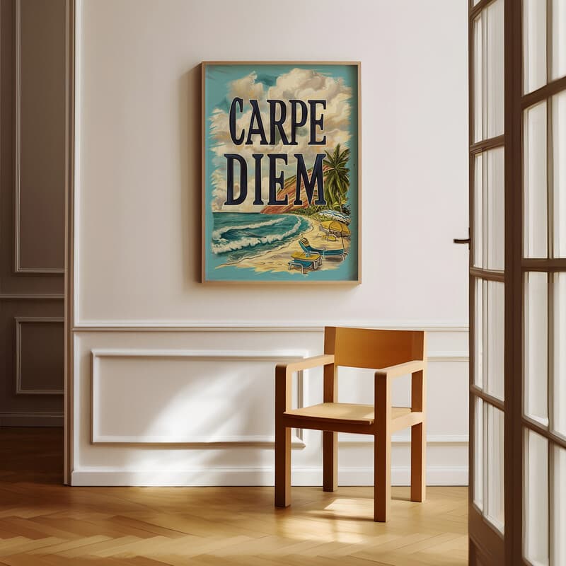 Room view with a full frame of A vintage pastel pencil illustration, the words "CARPE DIEM" with a beach vista