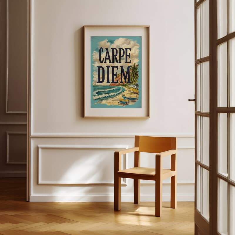 Room view with a matted frame of A vintage pastel pencil illustration, the words "CARPE DIEM" with a beach vista