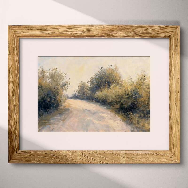 Matted frame view of An impressionist oil painting, country road lined with bushes