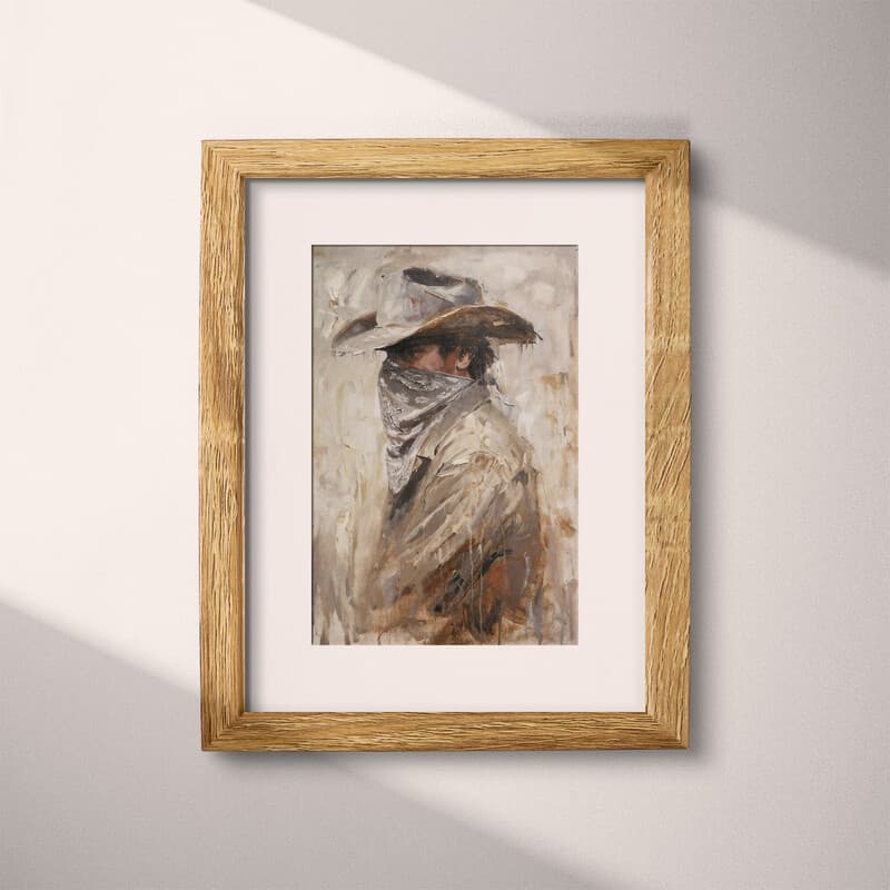 Matted frame view of A vintage oil painting, man with cowboy hat bandana over his face, side view