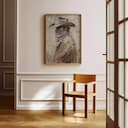 Room view with a full frame of A vintage oil painting, man with cowboy hat bandana over his face, side view