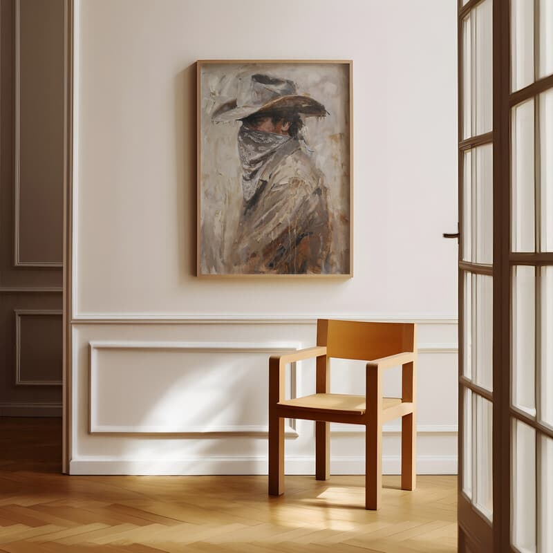 Room view with a full frame of A vintage oil painting, man with cowboy hat bandana over his face, side view