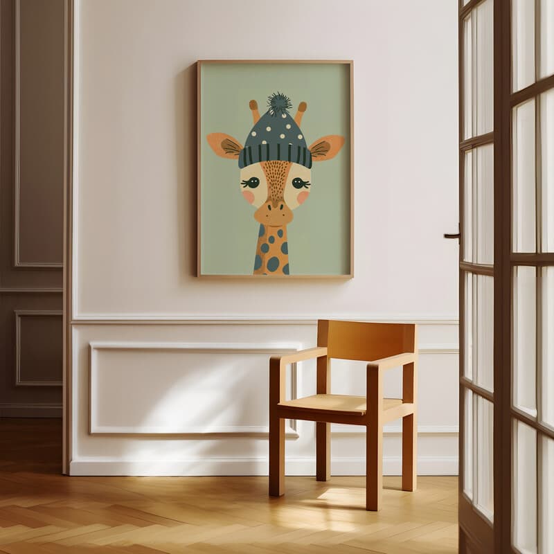 Room view with a full frame of A cute simple illustration with simple shapes, a giraffe with a polka dot beanie