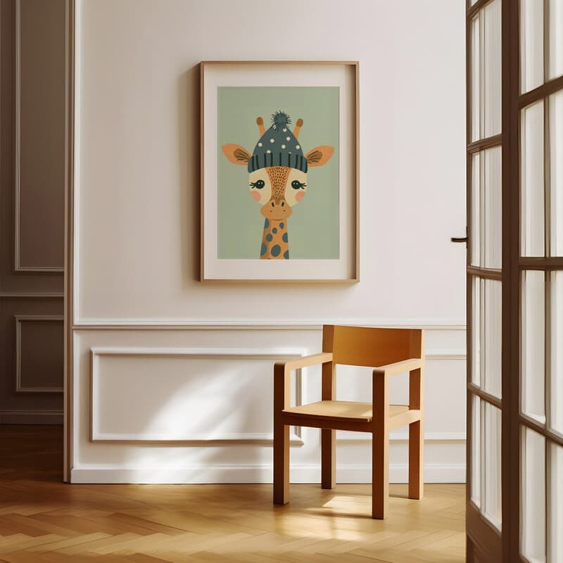 Room view with a matted frame of A cute simple illustration with simple shapes, a giraffe with a polka dot beanie