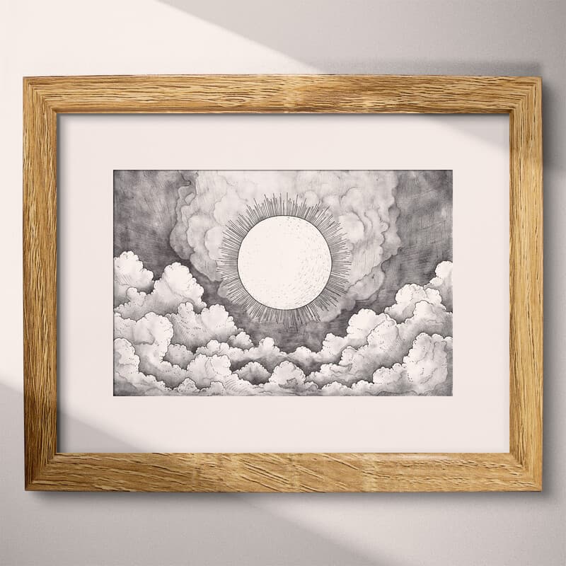 Matted frame view of A vintage graphite sketch, sun in the clouds