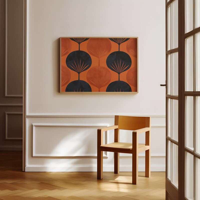 Room view with a full frame of A minimalist textile print, symmetric simple pattern