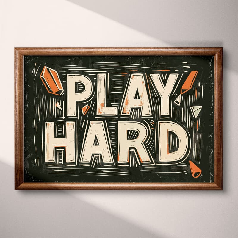 Full frame view of A vintage linocut print, the words "PLAY HARD"