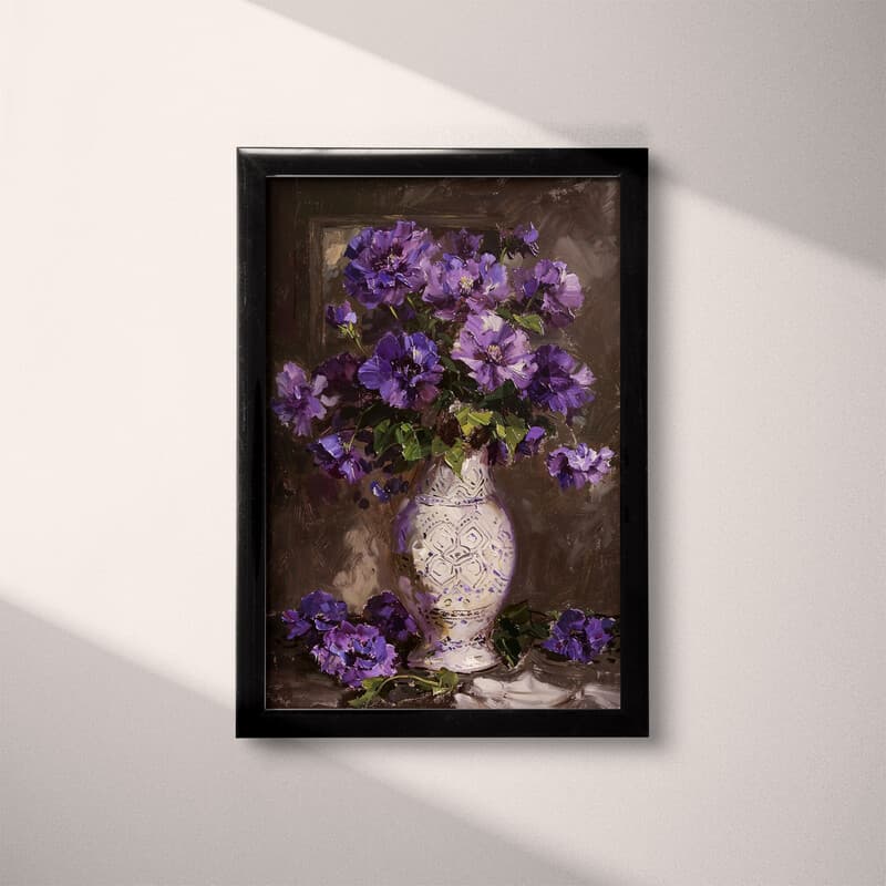 Full frame view of An impressionist oil painting, purple flowers in a white patterned vase