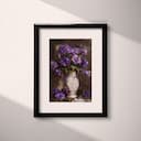 Matted frame view of An impressionist oil painting, purple flowers in a white patterned vase