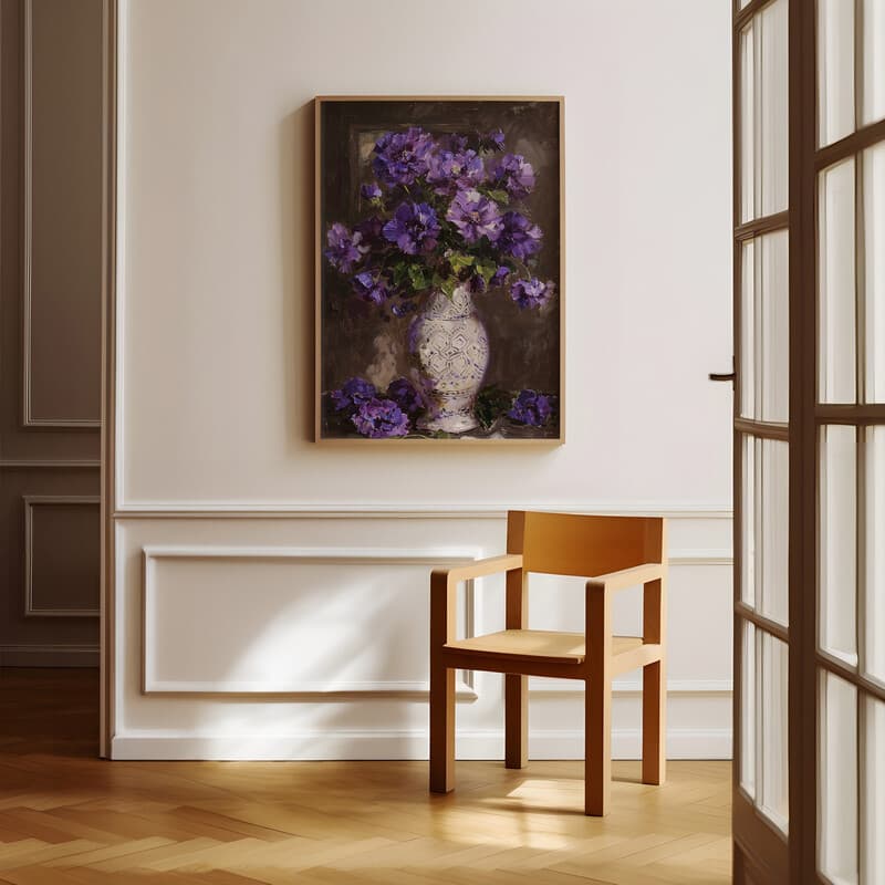 Room view with a full frame of An impressionist oil painting, purple flowers in a white patterned vase