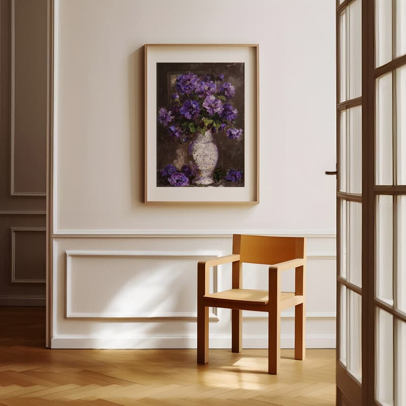 Room view with a matted frame of An impressionist oil painting, purple flowers in a white patterned vase