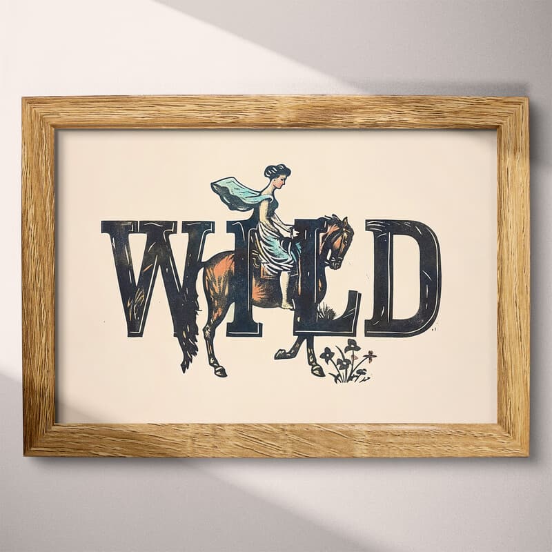 Full frame view of A vintage linocut print, the word "WILD" with a woman on a horse