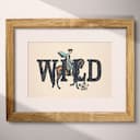 Matted frame view of A vintage linocut print, the word "WILD" with a woman on a horse