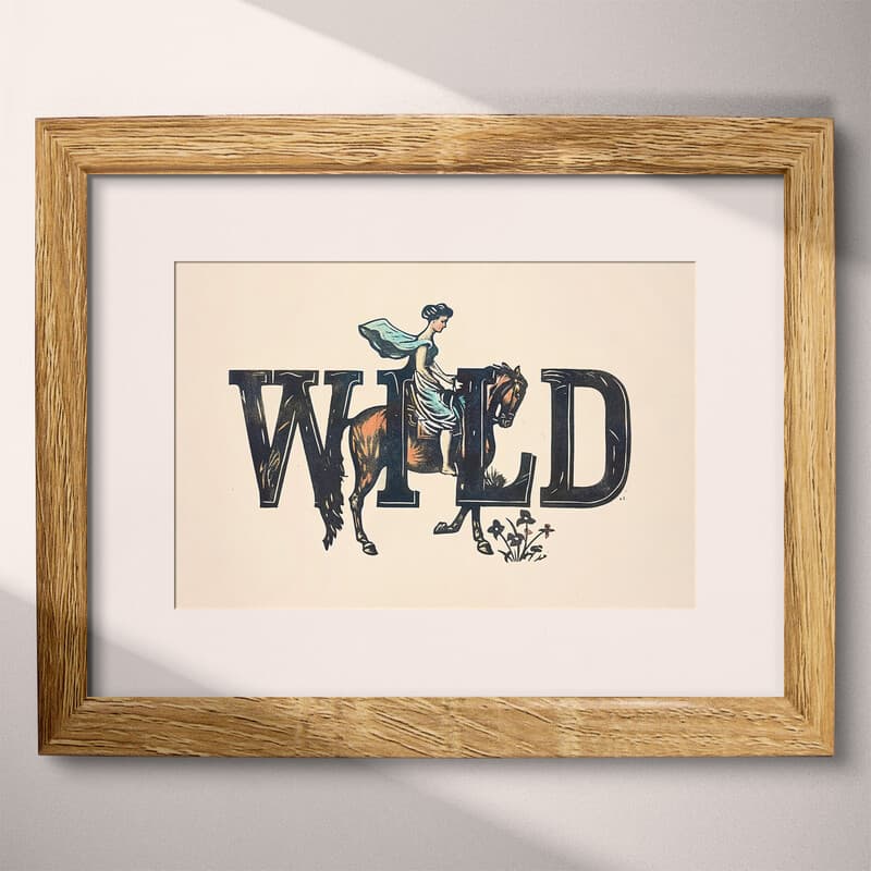 Matted frame view of A vintage linocut print, the word "WILD" with a woman on a horse