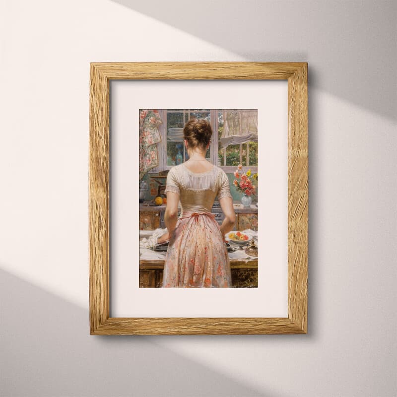 Matted frame view of A vintage oil painting, a woman at home, back view