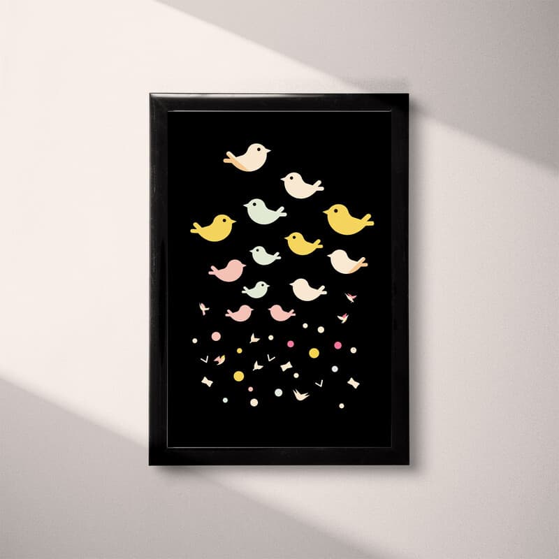 Full frame view of A cute simple illustration with simple shapes, birds flying in an 80's video game formation