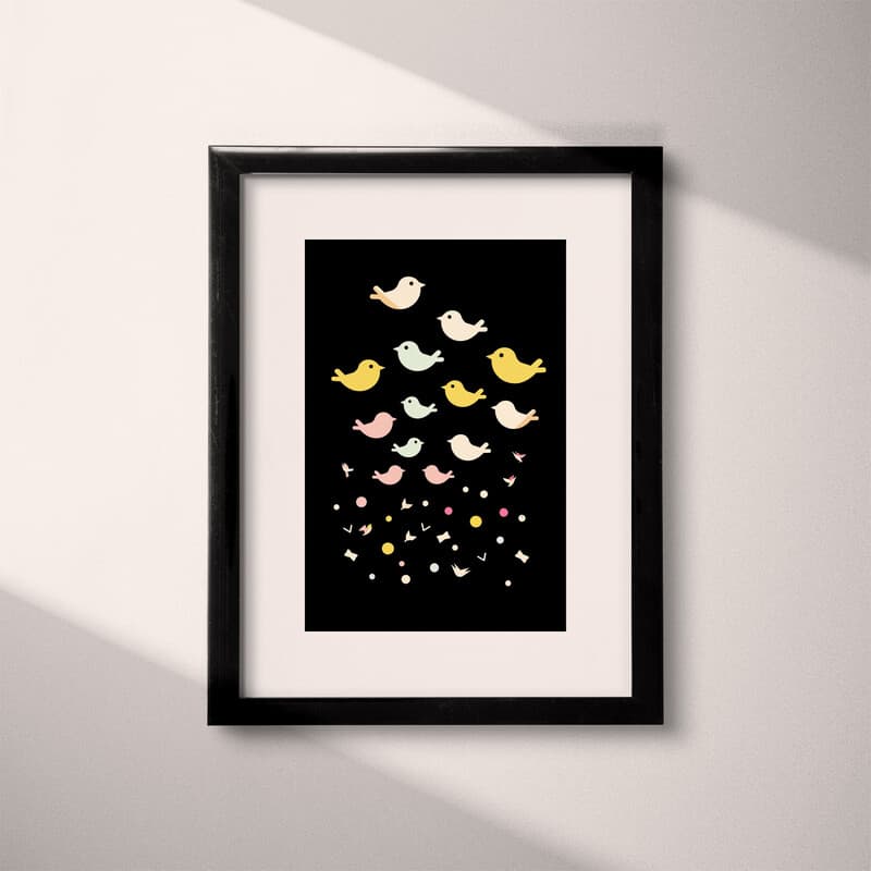 Matted frame view of A cute simple illustration with simple shapes, birds flying in an 80's video game formation