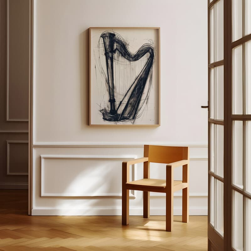 Room view with a full frame of A vintage charcoal sketch, a harp