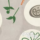 Closeup view of A mid-century textile print, symmetric pattern of food entrees