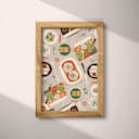 Full frame view of A mid-century textile print, symmetric pattern of food entrees