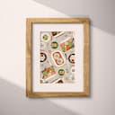 Matted frame view of A mid-century textile print, symmetric pattern of food entrees