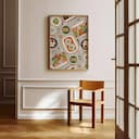 Room view with a full frame of A mid-century textile print, symmetric pattern of food entrees