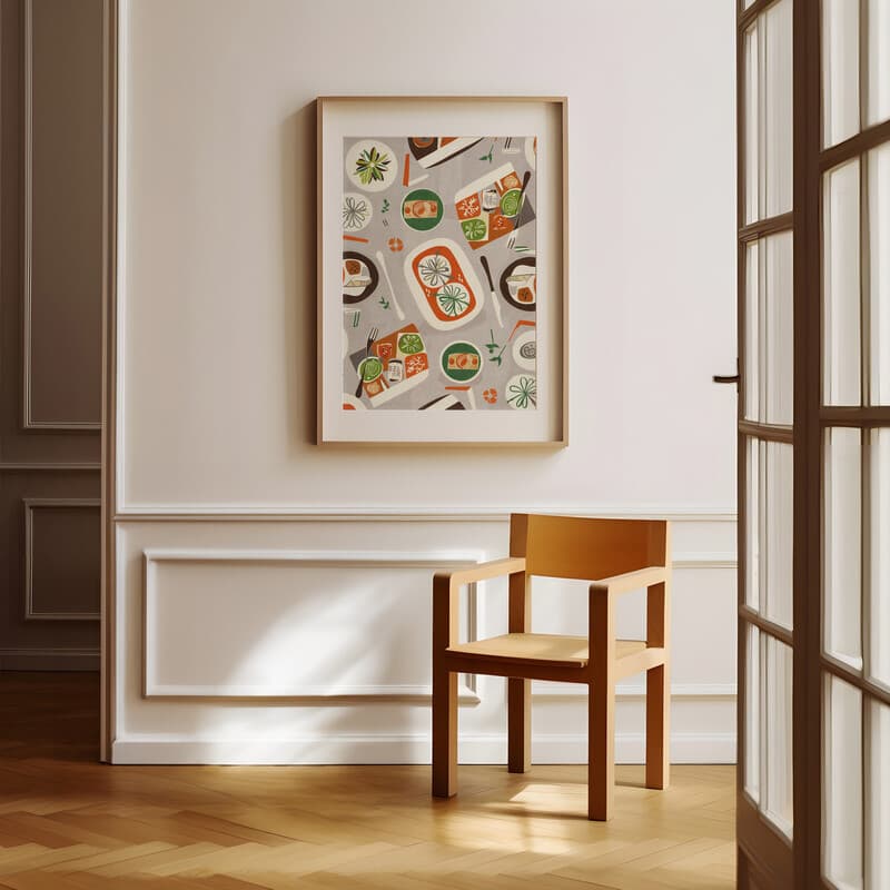 Room view with a matted frame of A mid-century textile print, symmetric pattern of food entrees