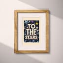 Matted frame view of A vintage linocut print, the words "TO THE STARS" with outer space