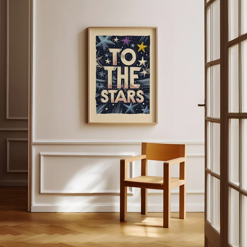 Room view with a full frame of A vintage linocut print, the words "TO THE STARS" with outer space