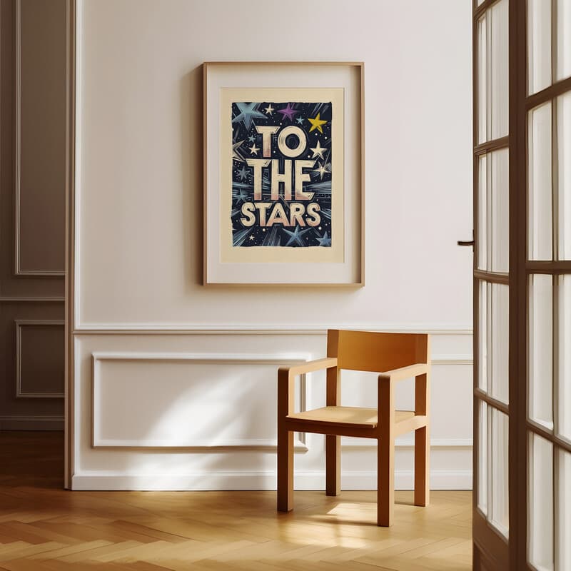 Room view with a matted frame of A vintage linocut print, the words "TO THE STARS" with outer space