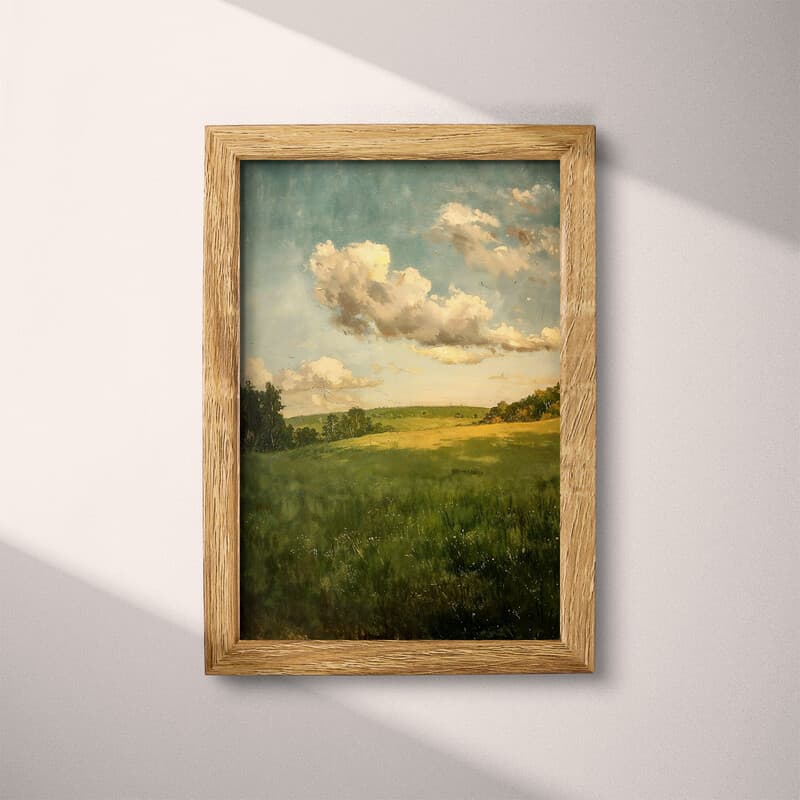 Full frame view of An impressionist oil painting, a green field, clouds in the sky