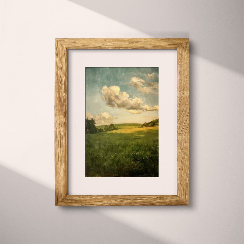 Matted frame view of An impressionist oil painting, a green field, clouds in the sky