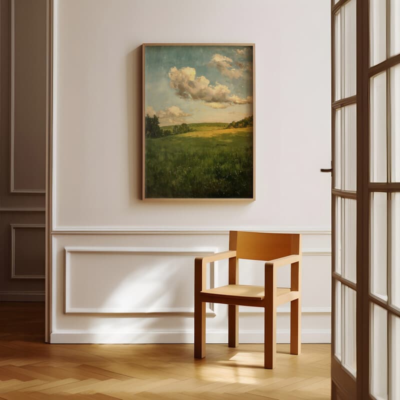 Room view with a full frame of An impressionist oil painting, a green field, clouds in the sky