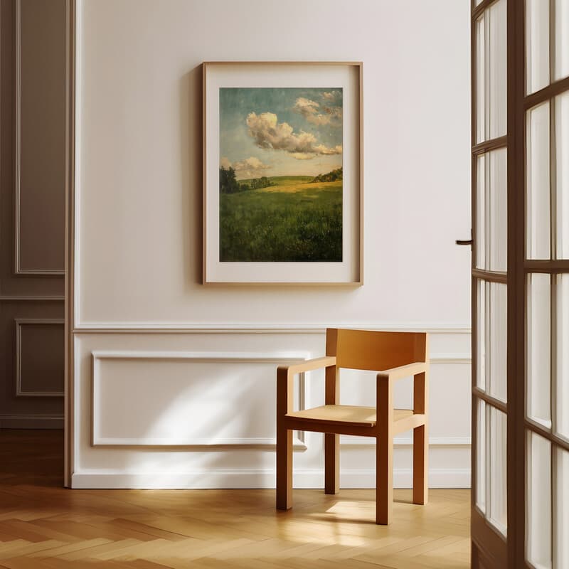 Room view with a matted frame of An impressionist oil painting, a green field, clouds in the sky