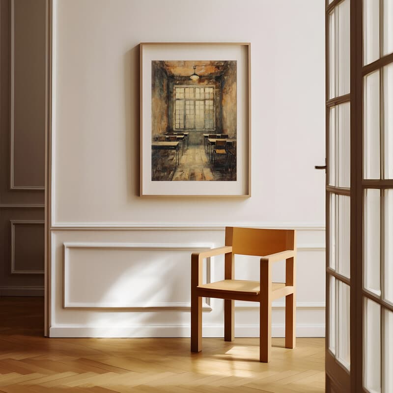 Room view with a matted frame of A vintage oil painting, a classroom, back view